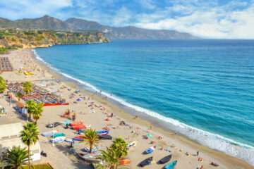 Panoramic view  of beach in Nerja. Malaga province, Costa del Sol, Andalusia, Spain